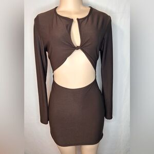 PrettyLittleThing Chocolate Slinky Knot Bust Long Sleeve CutOut Bodycon Dress 10